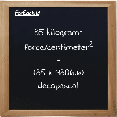 How to convert kilogram-force/centimeter<sup>2</sup> to decapascal: 85 kilogram-force/centimeter<sup>2</sup> (kgf/cm<sup>2</sup>) is equivalent to 85 times 9806.6 decapascal (daPa)